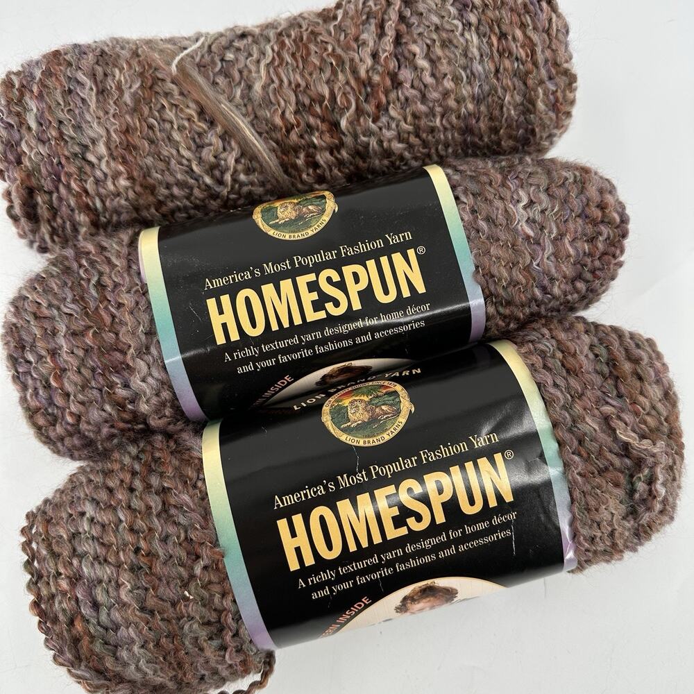 Lion Brand Homespun Adirondack 319 Yarn Lot 3 Skeins Acrylic Boucle Brown Gray